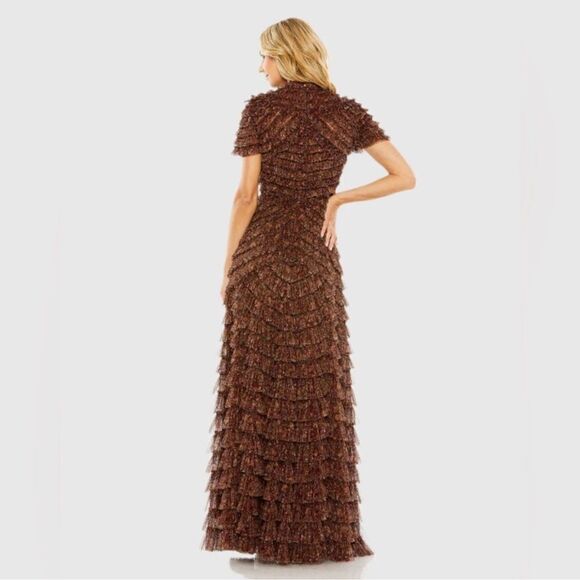 Mac Duggal 8042 Brown Ruffle Floral Maxi Dress Gown - Picture 4 of 15